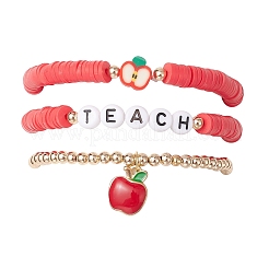 3 Stück 3 Stile Lehrertag Polymer Clay Perlen Stretch-Armband & Legierung Emaille Apfel Charm Armband Set für Frauen&nbsp;BJEW-TA00607