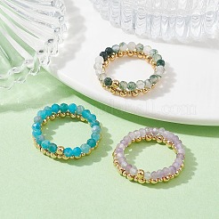 3 set di 3 anelli elasticizzati con perline rotonde in ottone e pietre preziose naturali miste in stile 21&nbsp;RJEW-TA00088
