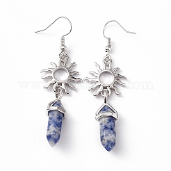 Pallottola di diaspro blu naturale con orecchini pendenti a forma di sole&nbsp;EJEW-I276-01P-15