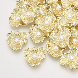 Pendente in lega, con perla in plastica imitazione abs, foglia, oro chiaro, 20x20.5x6.5mm, Foro: 2 mm