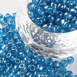 (service de remballage disponible) perles de rocaille en verre, trans. couleurs lustered, ronde, bleu clair, 6/0, 4mm, Trou: 1.5mm, environ 12 g /sachet 