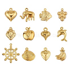 48Pcs 12 Style 304 Stainless Steel Pendants, Mixed Shapes, Golden, 8.5~24x6~21x2~6mm, 4pcs/style