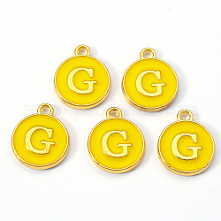 Encantos de esmalte de aleación de oro plateado, lentejuelas esmaltadas, plano y redondo con la letra, oro, letter.g, 14x12x2mm, agujero: 1.5 mm