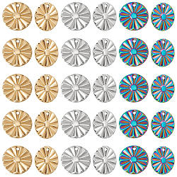 Dicosmétique 30pcs 3 couleurs 304 pendentif en acier inoxydable, breloques texturées, plat et circulaire avec fleur, couleur mixte, 18x1mm, Trou: 1.6mm, 10 pcs / couleur