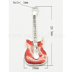 Colgantes de esmalte de latón, sin plomo y el níquel, guitarra, de color platino, rojo, tamaño: aproximamente 28.5 mm de largo, 10 mm de ancho, 2 mm de espesor, agujero: 1 mm