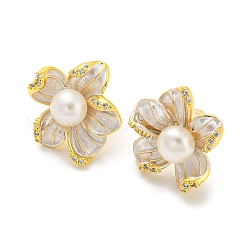 Orecchini a bottone a fiore con zirconi cubici e perla naturale, orecchini in ottone con 925 perno in argento sterling, vero placcato oro 18k, 16x14.5mm