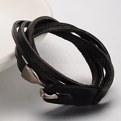 Style Casual bracelets rétro unisexe en cuir, avec alliage pression fermoirs de verrouillage, platine, noir, 620~630x9x2mm