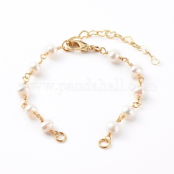 Bracelet en laiton faisant, avec perles naturelles et fermoirs pinces de homard, blanc, or, 5-1/2~6 pouce (14~15.2 cm)