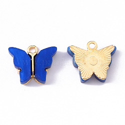 Colgantes de acrílico de aleación, mariposa, la luz de oro, azul, 14x16.5x3mm, agujero: 1.6 mm
