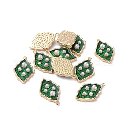 Pendentifs en émail, avec les accessoires en laiton et perles acryliques, véritable 18k plaqué or, losange, verte, 19.5x12.3x4mm, Trou: 1mm