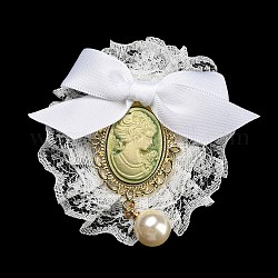Spilla classica romantica con fiocco in pizzo di poliestere da donna, con perno in ferro e perla imitazione plastica, ovale, chiffon al limone, 69.5~71.5x64~70x24~26.5mm