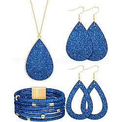 Collana con pendente a goccia in similpelle testurizzata, orecchini pendenti e bracciale multifilo, set di gioielli in lega d'oro per donna, blu, 850mm, 78x37mm, 80x39mm, 192mm di diametro