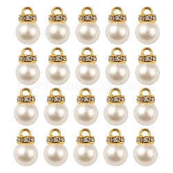 50pcs pendentifs en perles acryliques, avec strass en cristal et boucle en fer doré, ronde, blanc, 15x10mm, Trou: 2mm, 50 pcs /sachet 
