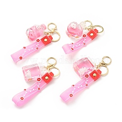 Porte-clés de bouteille en acrylique rempli de liquide créatif flottant, porte-clés lapin dessin animé mignon, avec les accessoires en alliage, perle rose, 20.4~22.2 cm