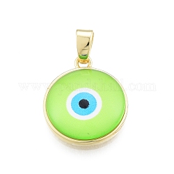 Glass Pendants, with Golden Plated Brass Findings, Flat Round with Evil Eye, Lime, 19x16.5x5mm, Hole: 5x3.5mm