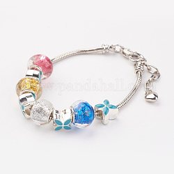 Lampwork bracelets européens, avec des perles européennes en émail, rondelle et fleur, colorées, 7-7/8 pouce (200 mm)
