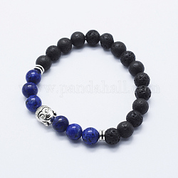 Natural Lava Rock and Lapis Lazuli Stretch Bracelets, with Alloy Buddha's Head, Antique Silver, 2-3/8 inch(59mm)