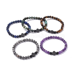 Mixed Natural Gemstone Beaded Stretch Bracelets, with Natural Black Agate(Dyed) Beads and Brass Micro Pave Cubic Zirconia Pendants, Cross, 2 inch(50mm)