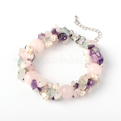 Natural Gemstone Chips Bracelets, with Pearl Beads, Alloy Lobster Claw Clasps and Iron End Chains, Crystal, 190x14mm
