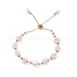Geflochtenes Schieberarmband aus natürlichen Perlen und Glas, Perlenhäkeln verstellbares Armband für Frauen, rosa, Innendurchmesser: 1-3/4 Zoll (4.5 cm)