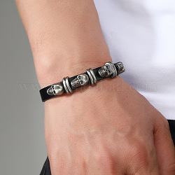Bracelet rivets tête de mort en alliage, bracelet cordon cuir vachette homme femme, noir, 10-3/8 pouce (26.5 cm)