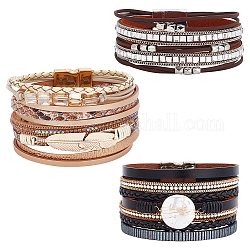 ANATTASOUL 3Pcs 3 Style PU Leather Multi-strand Bracelets Set, Natural Shell & Glass Beaded Punk Bracelets for Men Women, Mixed Color, 7-1/2 inch(19cm), 1Pc/style