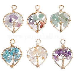 SUNNYCLUE 6Pcs 6 Styles Natural & Synthetic Gemstone Chip Pendants, with Golden Tone Brass Wire Wrapped, Heart with Tree, 37~38.5x26~27x5.5~7.5mm, Hole: 4mm, 1pc/style