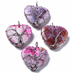 Natural Agate Pendants, Dyed, with Platinum Brass Findings, Rack Plating, Heart, 38~40x32.5~34x11mm, Hole: 3~5mm