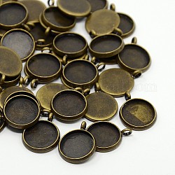 Brass Pendant Cabochons Settings for Fashion Jewelry, Flat Round, Antique Bronze, 12x2mm, Hole: 4mm