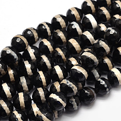 Brins de perles dzi motif rayé de style tibétain, perles rondes en agate naturelle à facettes, noir, 8mm, Trou: 1mm, Environ 46 pcs/chapelet, 15.4 pouce