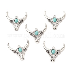 Synthetic Turquoise Pendants, with Alloy Findings, Cattle Head Charms, Antique Silver, 35.5x37.5x7.5mm, Hole: 2.8mm