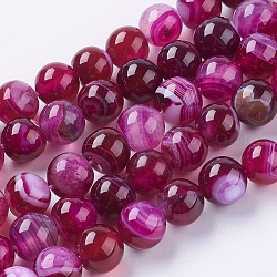 Natural Striped Agate/Banded Agate Beads Strands, Dyed, Round, Medium Violet Red, 10mm, Hole: 1.2mm, about 38pcs/strand, 15.75 inch