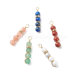 Natural Mixed Gemstone Pendants, with Golden Tone Copper Wire Wrapped and Brass Crystal Rhinestone Spacer Beads, Round Charm, Mixed Dyed and Undyed, 32x6.5mm, Hole: 3mm