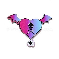 Ciondoli acrilici stampati halloween, cuore con ciondolo teschio e pipistrello, 34x45x2.5mm, Foro: 1.6 mm