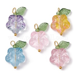 Transparent Glass Flower & Acrylic Leaf Pendants, with Brass Loops, Mixed Color, Golden, 19.5x12.5x5mm, Hole: 1.5mm