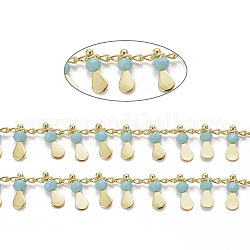 Handmade Glass Beaded Chains, with Real 18K Gold Plated Brass Side Twisted Chains Curb Chains, with Spool, Long-Lasting Plated, Soldered, Aqua, 2.5x2x1mm, teardrop,: 10x3x3mm, about 32.8 Feet(10m)/roll