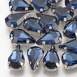 Cose en el rhinestone, Enlaces multifilares, Diamantes de imitación de cristal, con ajustes de puntas de latón, accesorios de prendas de vestir, facetados, lágrima, Platino, azul de Prusia, 8x5.5x4mm, agujero: 0.8~1 mm