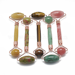 Инструменты для массажа из натуральных / синтетических смешанных драгоценных камней, лицевые ролики, с латунной фурнитурой , розовое золото , 13.5~15.3x4~6x2~2.05 см
