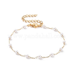 Pulseras redondas de cuentas de perlas de imitación de plástico, con chapado al vacío 304 cadenas figaro de acero inoxidable, blanco, dorado, 6-1/2 pulgada (16.6 cm)
