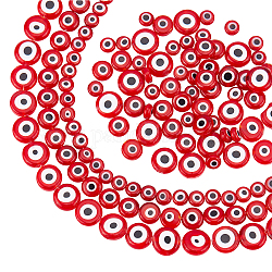 NBEADS 3 Strands about 152 Pcs Evil Eye Lampwork Beads, 6mm/8mm/10mm Red Handmade Flat Round Evil Eye Glass Flat Beads for Jewelry Necklace Bracelet Earrings