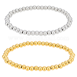 BENECREAT 4Pcs 2 Colors 201 Stainless Steel Round Beaded Stretch Bracelets Set for Men Women, Real Gold Plated & Stainless Steel Color, Inner Diameter: 2 inch(5.2cm), 2Pcs/color