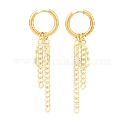 304 Stainless Steel Huggie Hoop Earrings, Chain Tassel Earrings, with Brass Micro Pave Cubic Zirconia Oval Pendants and Brass Curb Chains, Golden, 77mm, Pin: 1mm