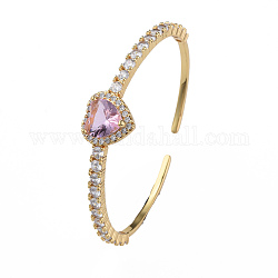 Bracelet manchette ouvert coeur zircone cubique, véritables bijoux en laiton plaqué 18k or véritable pour femmes, perle rose, diamètre intérieur: 2-1/8 pouce (5.4 cm)