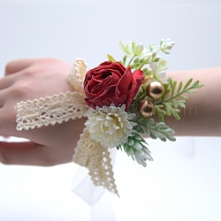 Blume des Lebens Handgelenkkorsage aus Stoff, Handblume für Braut oder Brautjungfer, Hochzeit, Partydekorationen, dunkelrot, 100x70 mm
