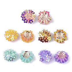 Cabochons paillette pvc, perles de cluster, avec des perles de rocaille en verre et des supports de disques perforés en laiton plaqué or, fleur, couleur mixte, 20~23x10~11mm