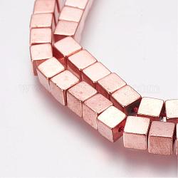 Non-Magnetic Synthetic Hematite Bead Strands, Cube, Rose Gold Plated, 4x4x4mm, Hole: 1mm, about 94pcs/strand, 15.7 inch(40cm)