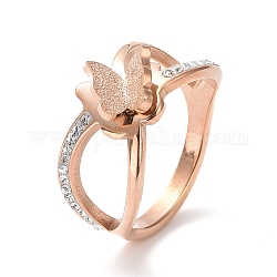 Crystal Rhinestone Criss Cross with Butterfly Finger Ring, Ion Plating(IP) 304 Stainless Steel Jewelry for Women, Rose Gold, US Size 7(17.3mm)