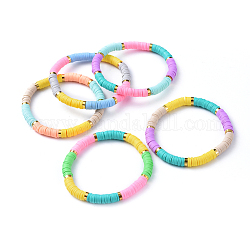 Handmade Polymer Clay Heishi Beads Stretch Bracelets, with Brass Findings, Mixed Color, 2-1/8 inch(5.4cm)