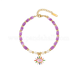 Bracelets à breloques œil en émail en acier inoxydable, avec des chaînes de perles d'améthyste naturelle, colorées, 7-1/8 pouce (18 cm), pendentif: 17.1x18.2 mm
