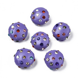 Perles de strass en argile polymère, Perles de boule pavé disco , plat rond, support violet, 11~12x7mm, Trou: 1.4mm, strass: pp15 (2.1~2.2mm)